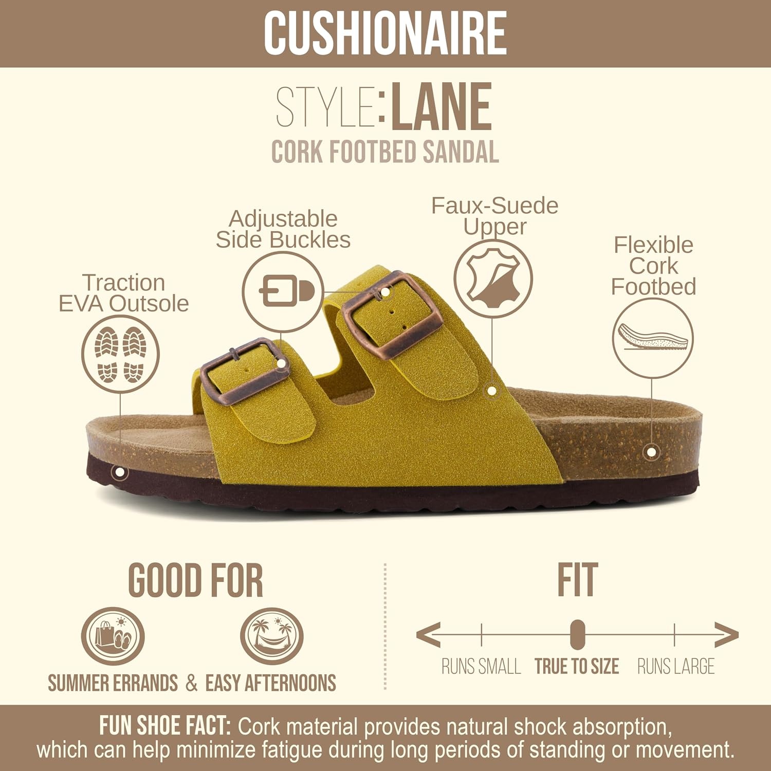 image:imageCUSHIONAIRE Lane Cork Footbed Womens Sandals Comfortable Double Buckle Slip On Sandals for Women with Arch Support and Classic Two Strap DesignYellow Vegan Suede