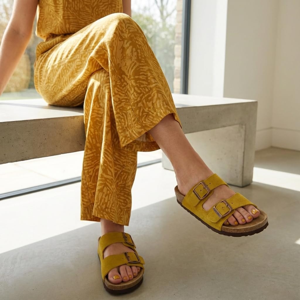 image:imageCUSHIONAIRE Lane Cork Footbed Womens Sandals Comfortable Double Buckle Slip On Sandals for Women with Arch Support and Classic Two Strap DesignYellow Vegan Suede
