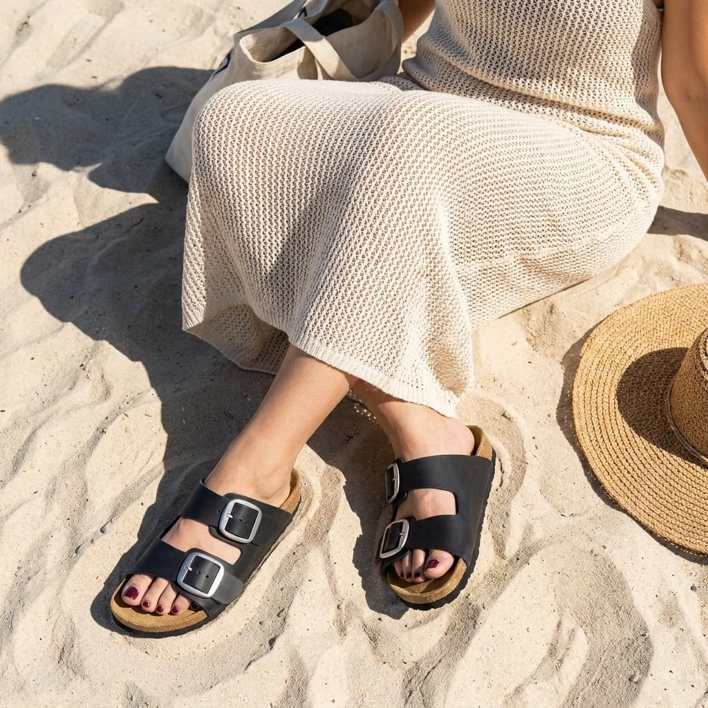 image:imageCUSHIONAIRE Laz 100 Genuine Leather Cork Footbed Slide Sandals for Women with Adjustable Buckles and Memory FoamBlack