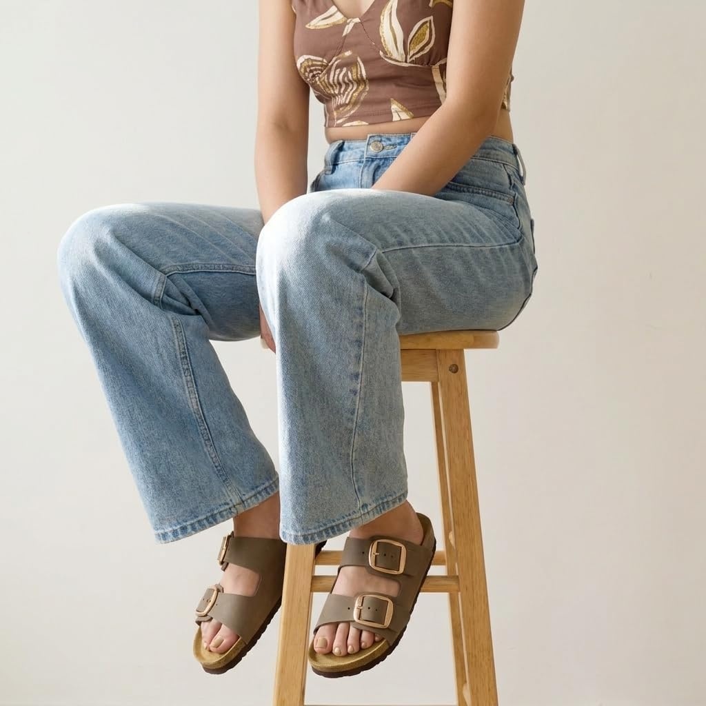 image:imageCUSHIONAIRE Laz 100 Genuine Leather Cork Footbed Slide Sandals for Women with Adjustable Buckles and Memory FoamBrown