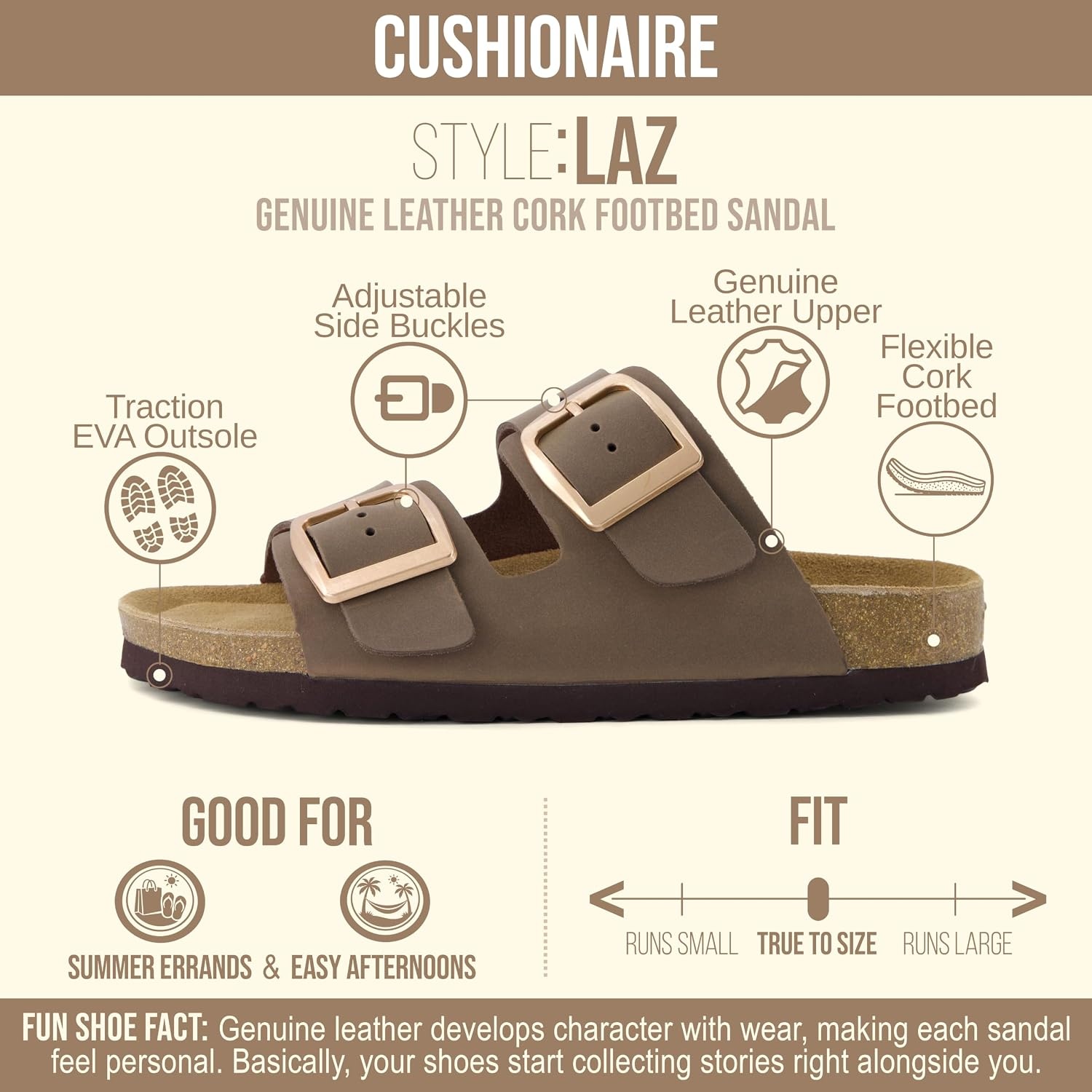 image:imageCUSHIONAIRE Laz 100 Genuine Leather Cork Footbed Slide Sandals for Women with Adjustable Buckles and Memory FoamBrown