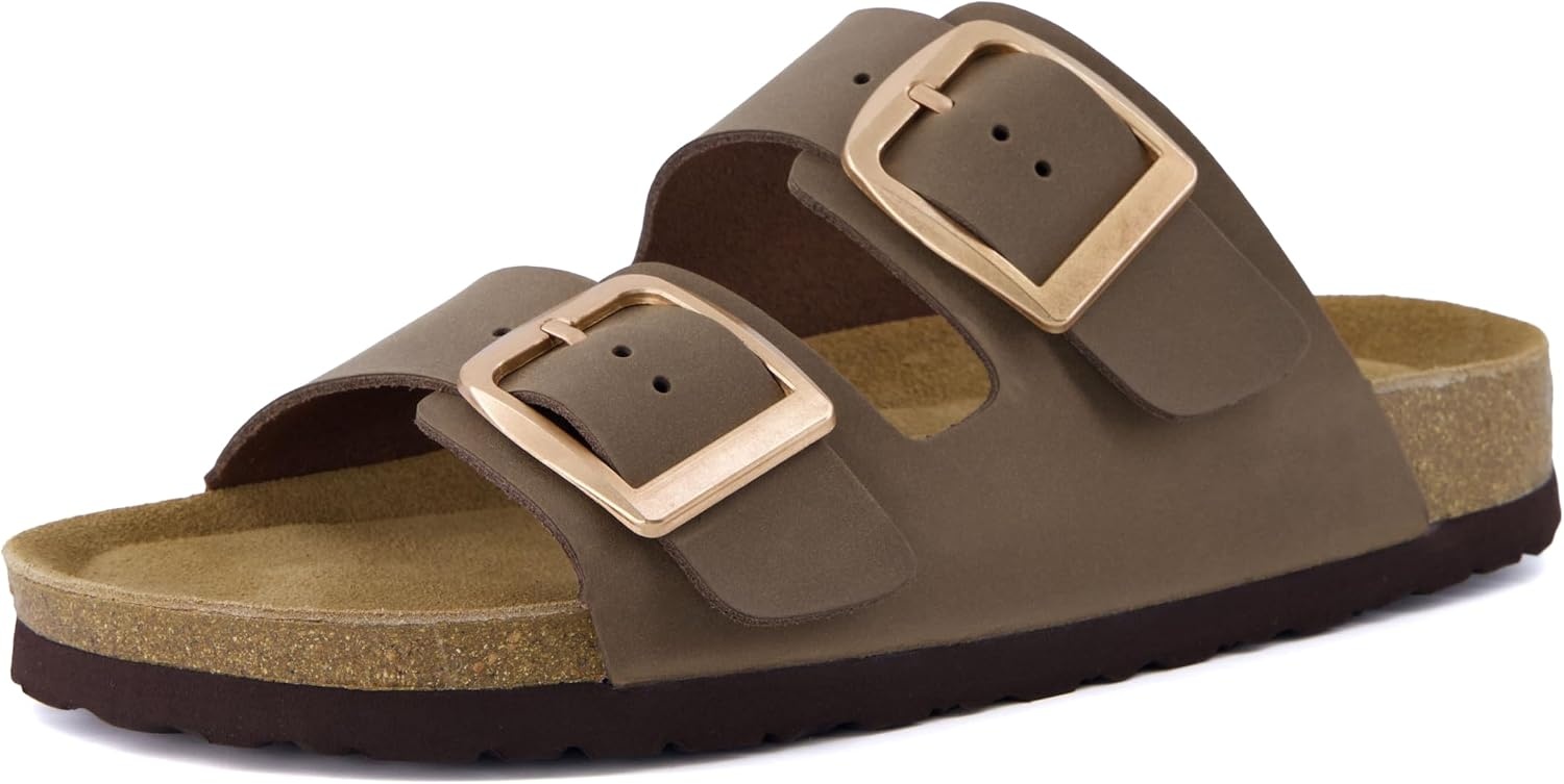 image:imageCUSHIONAIRE Laz 100 Genuine Leather Cork Footbed Slide Sandals for Women with Adjustable Buckles and Memory FoamBrown