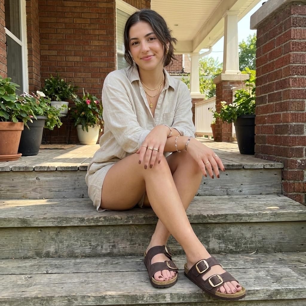 image:imageCUSHIONAIRE Laz 100 Genuine Leather Cork Footbed Slide Sandals for Women with Adjustable Buckles and Memory FoamChocolate