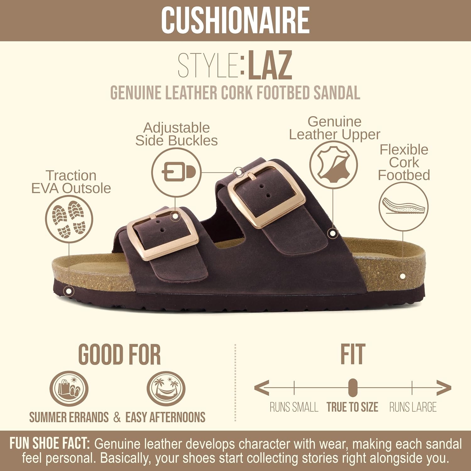 image:imageCUSHIONAIRE Laz 100 Genuine Leather Cork Footbed Slide Sandals for Women with Adjustable Buckles and Memory FoamChocolate