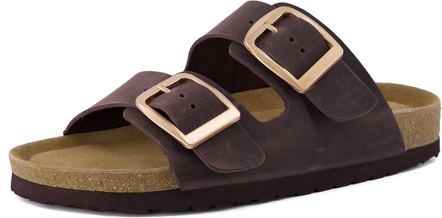 image:imageCUSHIONAIRE Laz 100 Genuine Leather Cork Footbed Slide Sandals for Women with Adjustable Buckles and Memory FoamChocolate