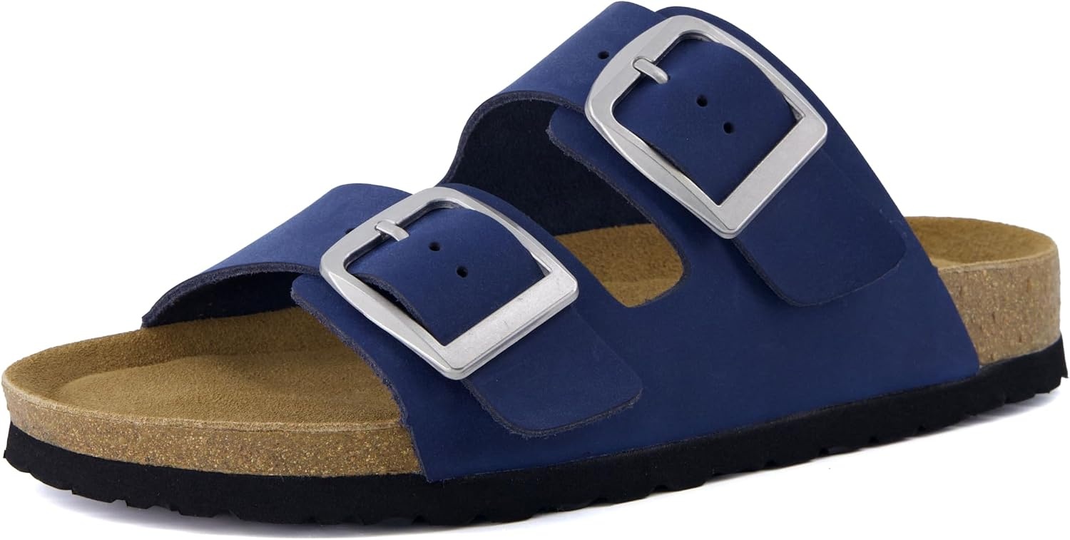 image:imageCUSHIONAIRE Laz 100 Genuine Leather Cork Footbed Slide Sandals for Women with Adjustable Buckles and Memory FoamNavy
