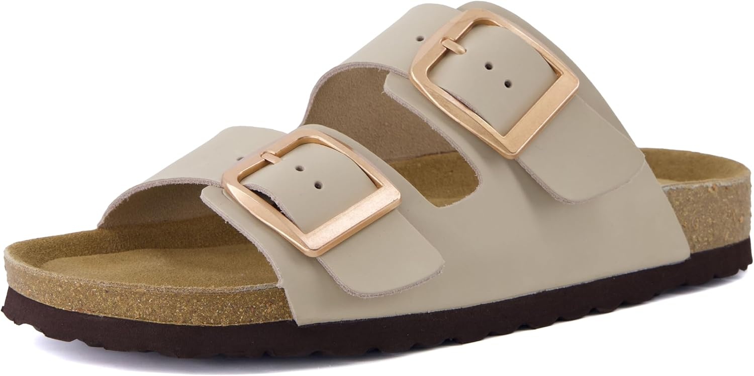 image:imageCUSHIONAIRE Laz 100 Genuine Leather Cork Footbed Slide Sandals for Women with Adjustable Buckles and Memory FoamStone