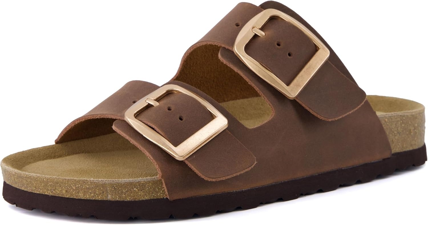 image:imageCUSHIONAIRE Laz 100 Genuine Leather Cork Footbed Slide Sandals for Women with Adjustable Buckles and Memory FoamTobacco