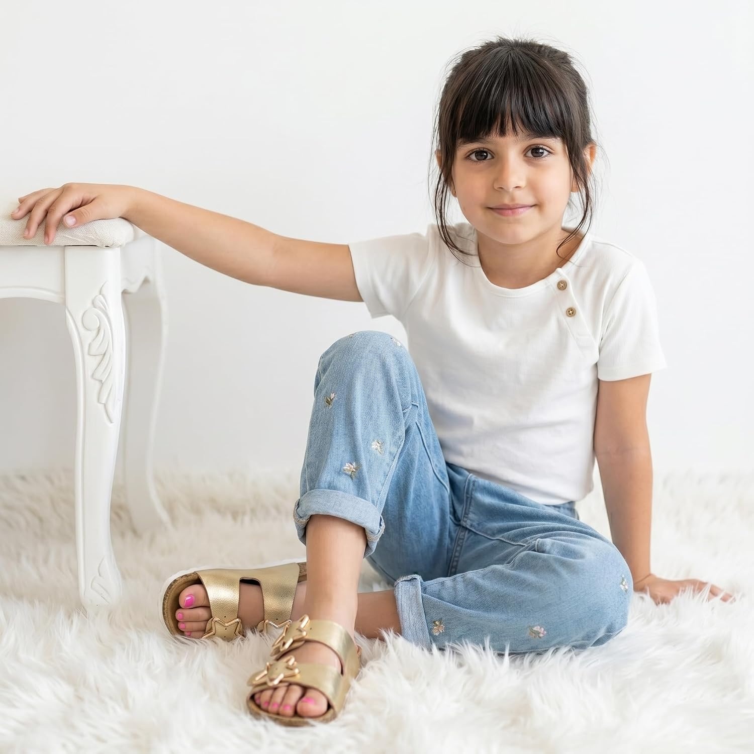 image:imageCUSHIONAIRE Lily Girl Toddler Sandals with Adjustable Gold Tone Star Buckles and Cushioned Cork Footbed Slip On Girls Slides for KidsGold
