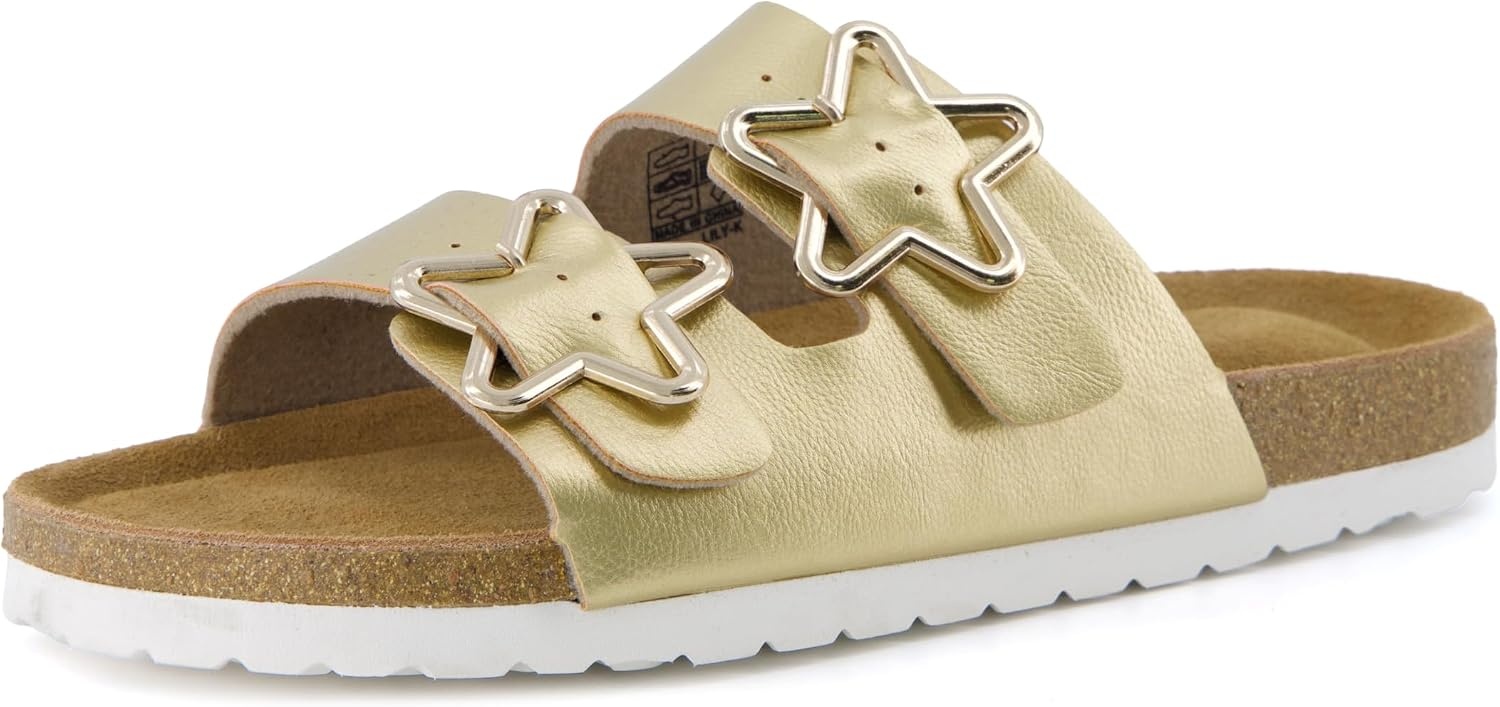 image:imageCUSHIONAIRE Lily Girl Toddler Sandals with Adjustable Gold Tone Star Buckles and Cushioned Cork Footbed Slip On Girls Slides for KidsGold