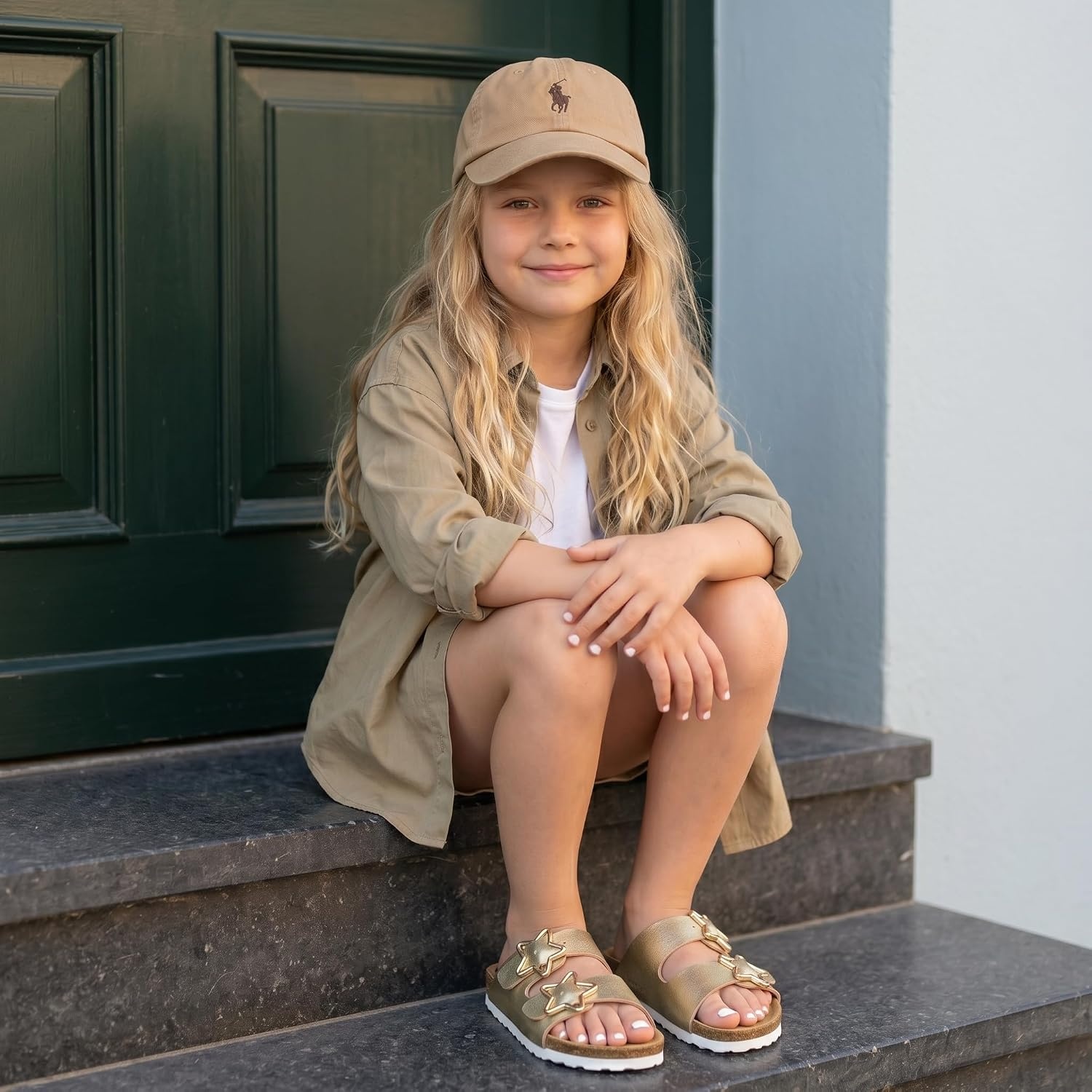 image:imageCUSHIONAIRE Lily Girl Toddler Sandals with Adjustable Gold Tone Star Buckles and Cushioned Cork Footbed Slip On Girls Slides for KidsGold