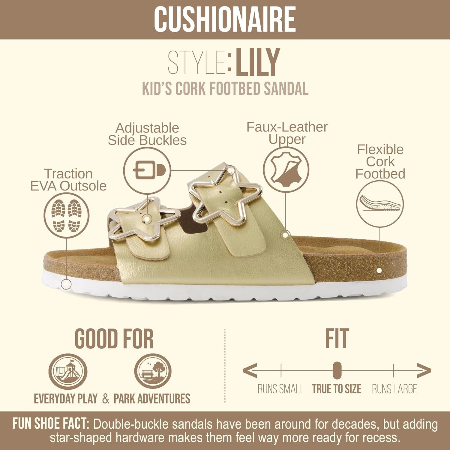 image:imageCUSHIONAIRE Lily Girl Toddler Sandals with Adjustable Gold Tone Star Buckles and Cushioned Cork Footbed Slip On Girls Slides for KidsGold