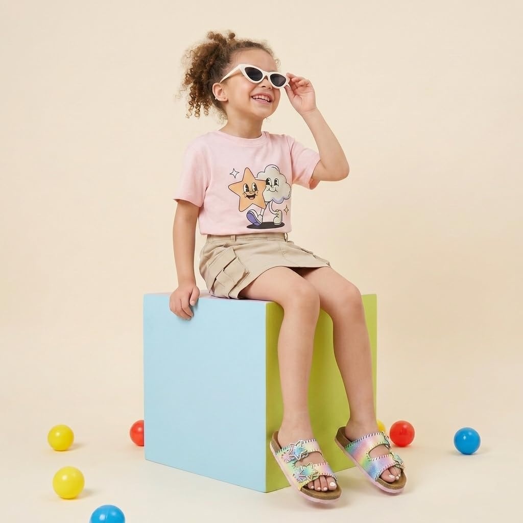 image:imageCUSHIONAIRE Lily Girl Toddler Sandals with Adjustable Gold Tone Star Buckles and Cushioned Cork Footbed Slip On Girls Slides for KidsMulti Woven