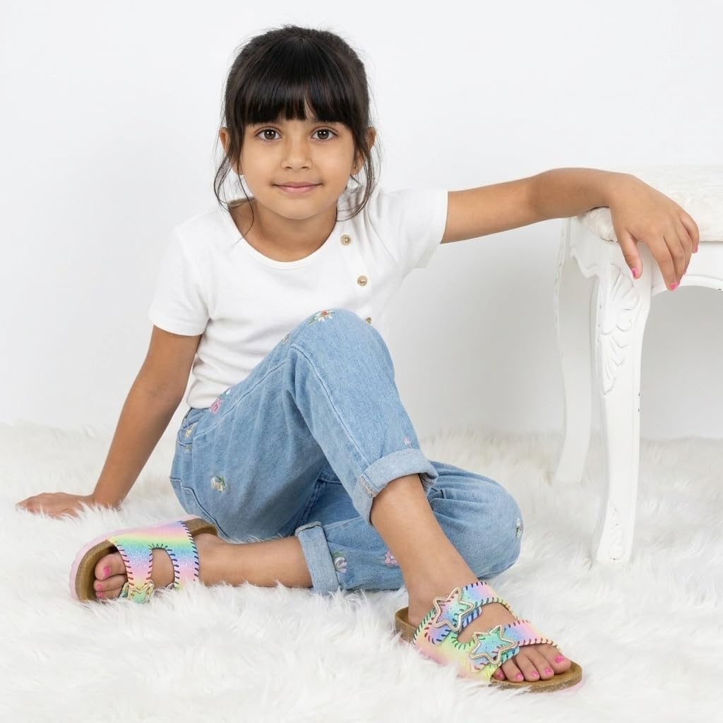 image:imageCUSHIONAIRE Lily Girl Toddler Sandals with Adjustable Gold Tone Star Buckles and Cushioned Cork Footbed Slip On Girls Slides for KidsMulti Woven