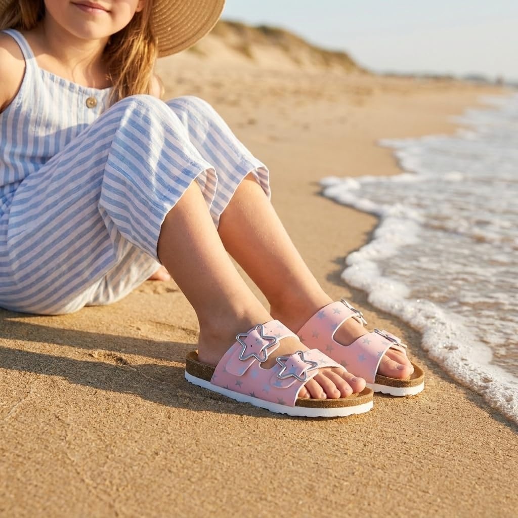 image:imageCUSHIONAIRE Lily Girl Toddler Sandals with Adjustable Gold Tone Star Buckles and Cushioned Cork Footbed Slip On Girls Slides for KidsPink Stars