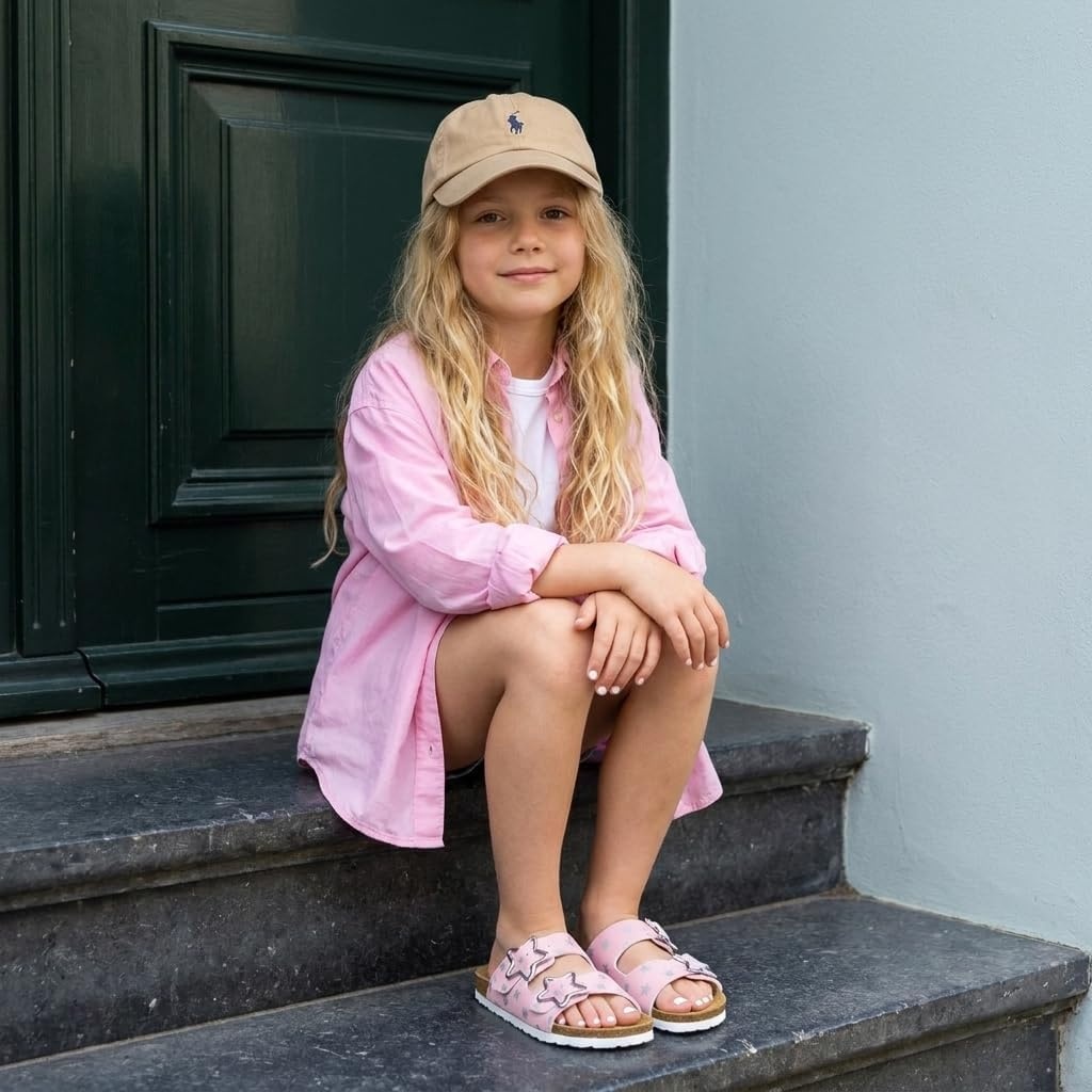 image:imageCUSHIONAIRE Lily Girl Toddler Sandals with Adjustable Gold Tone Star Buckles and Cushioned Cork Footbed Slip On Girls Slides for KidsPink Stars