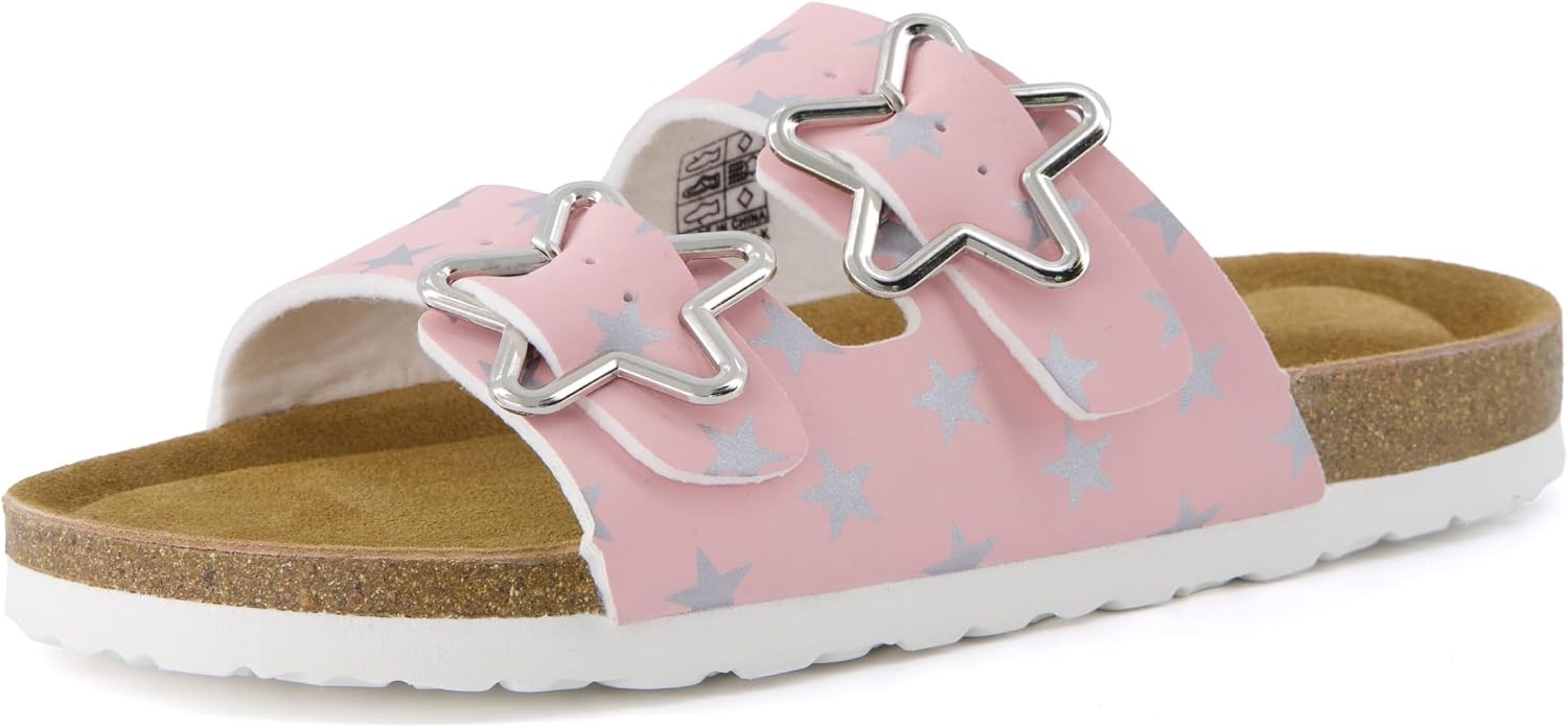 image:imageCUSHIONAIRE Lily Girl Toddler Sandals with Adjustable Gold Tone Star Buckles and Cushioned Cork Footbed Slip On Girls Slides for KidsPink Stars