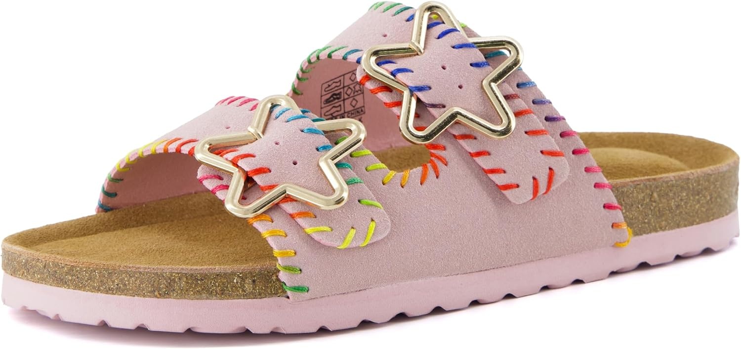image:imageCUSHIONAIRE Lily Girl Toddler Sandals with Adjustable Gold Tone Star Buckles and Cushioned Cork Footbed Slip On Girls Slides for KidsPink Woven