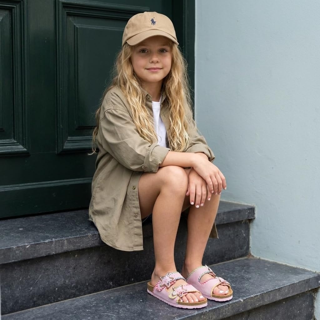 image:imageCUSHIONAIRE Lily Girl Toddler Sandals with Adjustable Gold Tone Star Buckles and Cushioned Cork Footbed Slip On Girls Slides for KidsPink Woven