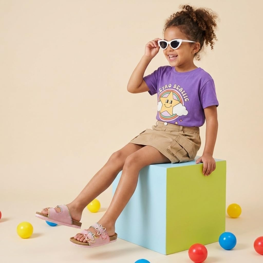 image:imageCUSHIONAIRE Lily Girl Toddler Sandals with Adjustable Gold Tone Star Buckles and Cushioned Cork Footbed Slip On Girls Slides for KidsPink Woven