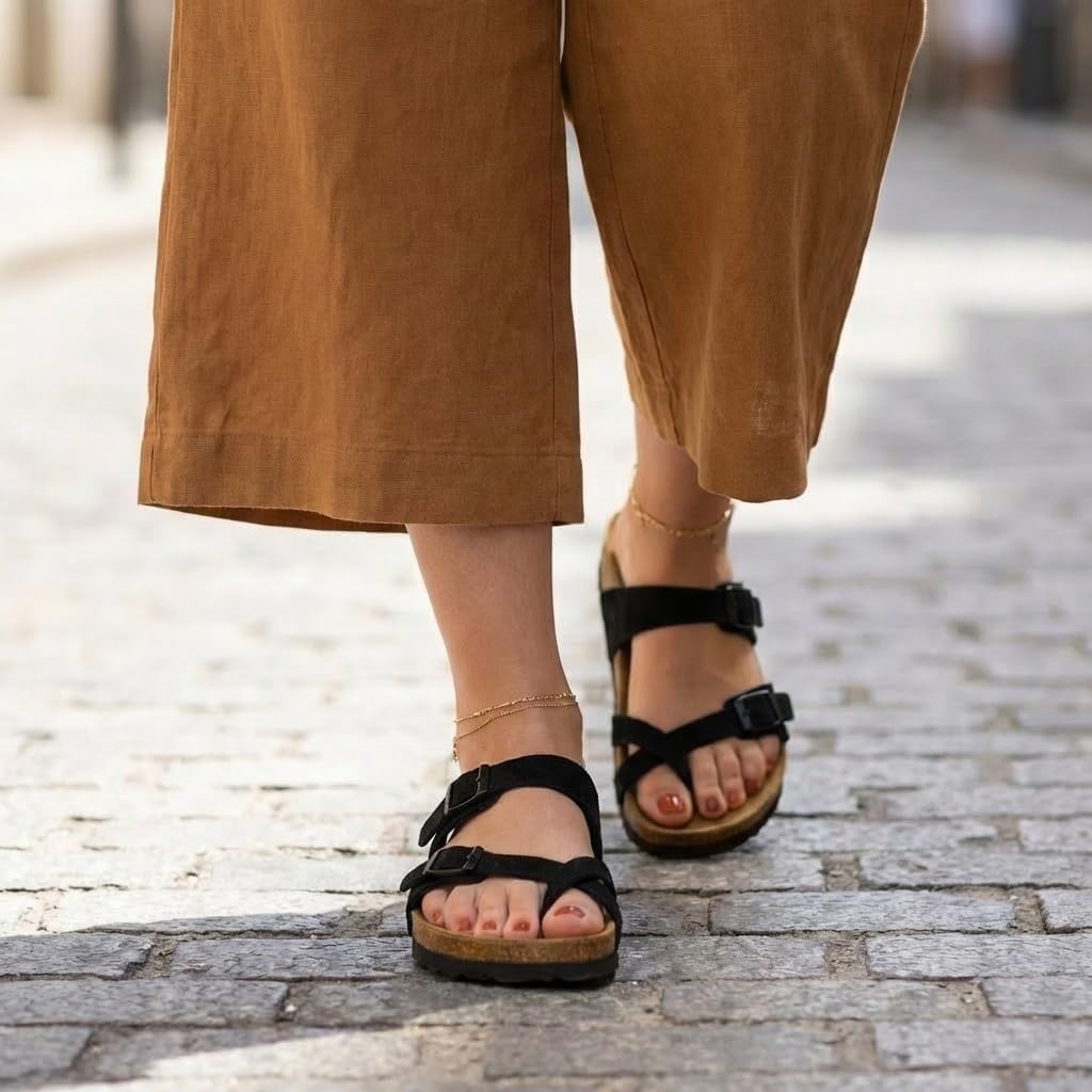 image:imageCUSHIONAIRE Luna Sandals for Women Cork Footbed Womens Sandals for Summer Comfort with Adjustable Straps Wide Width AvailableBlack Vegan Suede