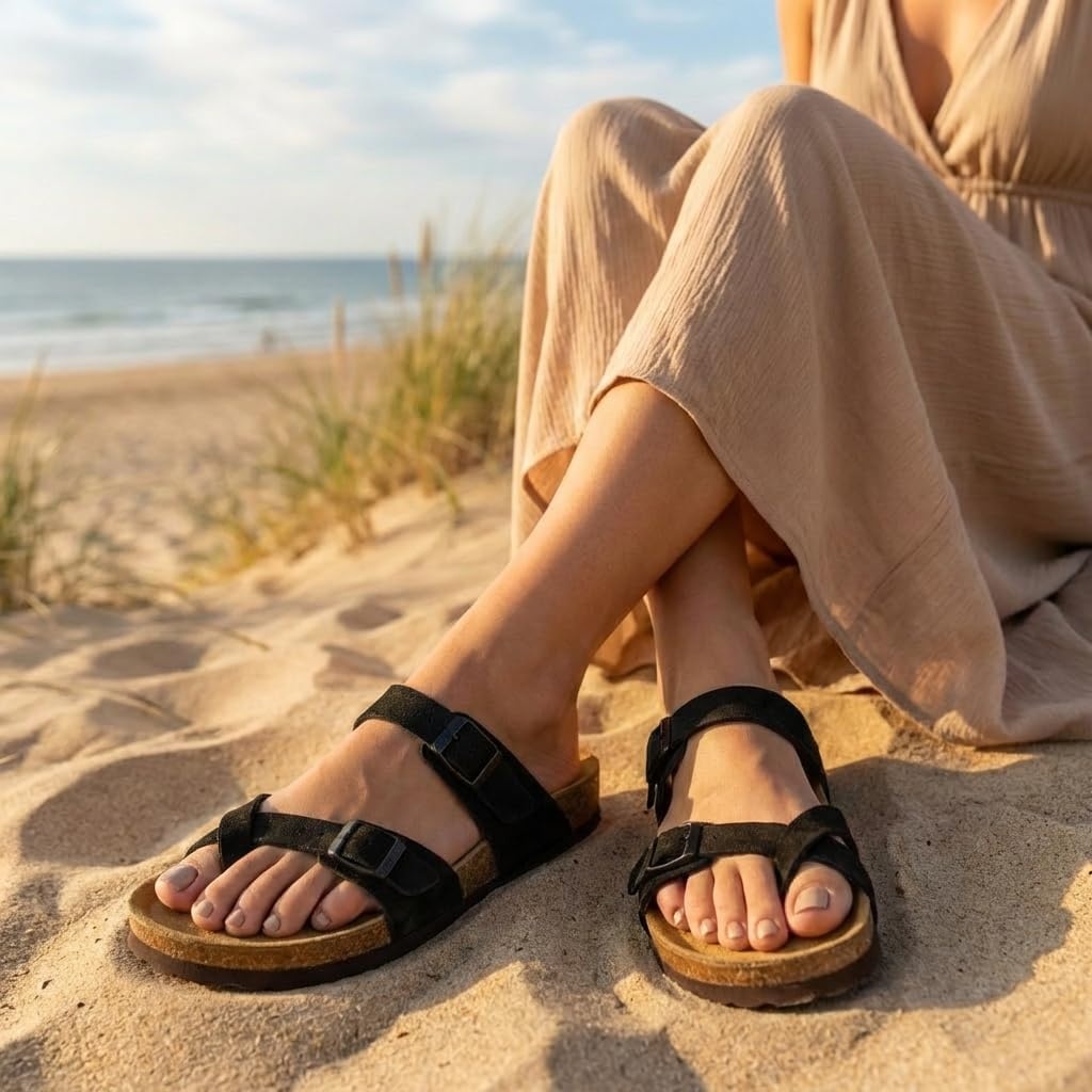 image:imageCUSHIONAIRE Luna Sandals for Women Cork Footbed Womens Sandals for Summer Comfort with Adjustable Straps Wide Width AvailableBlack Vegan Suede