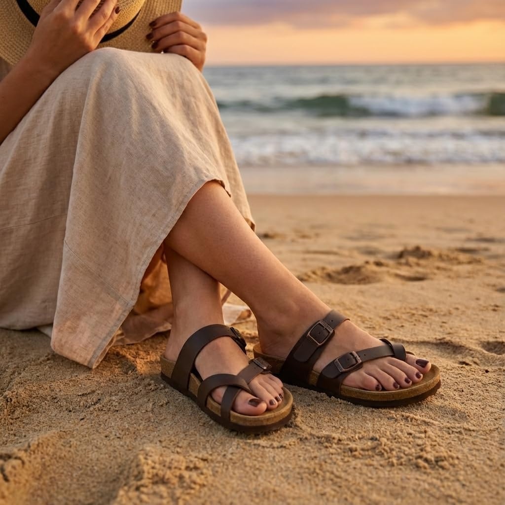 image:imageCUSHIONAIRE Luna Sandals for Women Cork Footbed Womens Sandals for Summer Comfort with Adjustable Straps Wide Width AvailableBrown Nappa