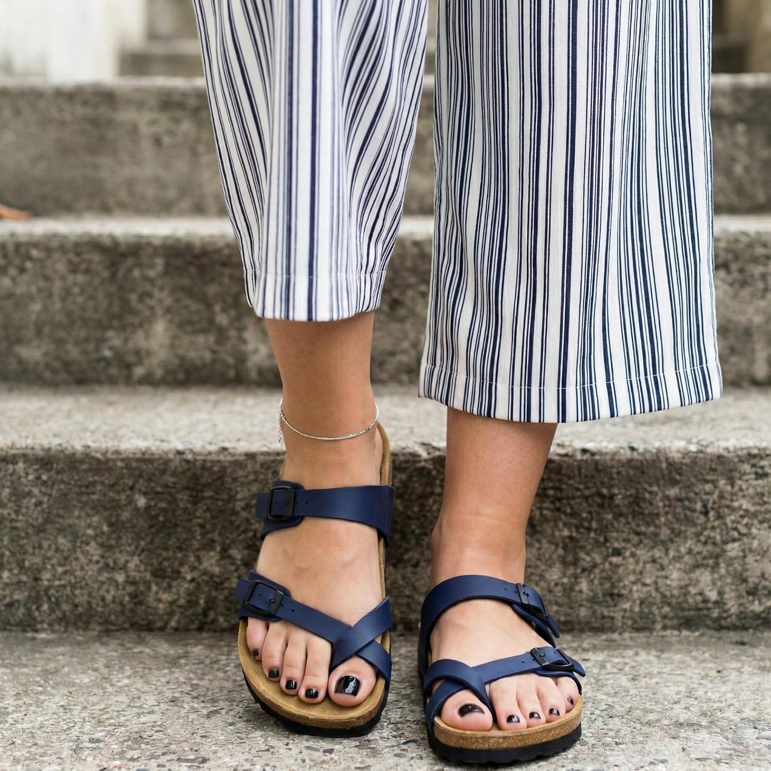 image:imageCUSHIONAIRE Luna Sandals for Women Cork Footbed Womens Sandals for Summer Comfort with Adjustable Straps Wide Width AvailableNavy Nappa