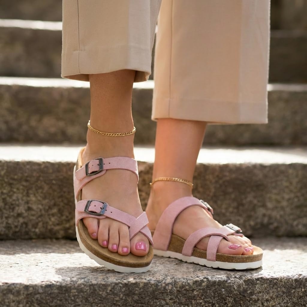 image:imageCUSHIONAIRE Luna Sandals for Women Cork Footbed Womens Sandals for Summer Comfort with Adjustable Straps Wide Width AvailablePink Vegan Suede