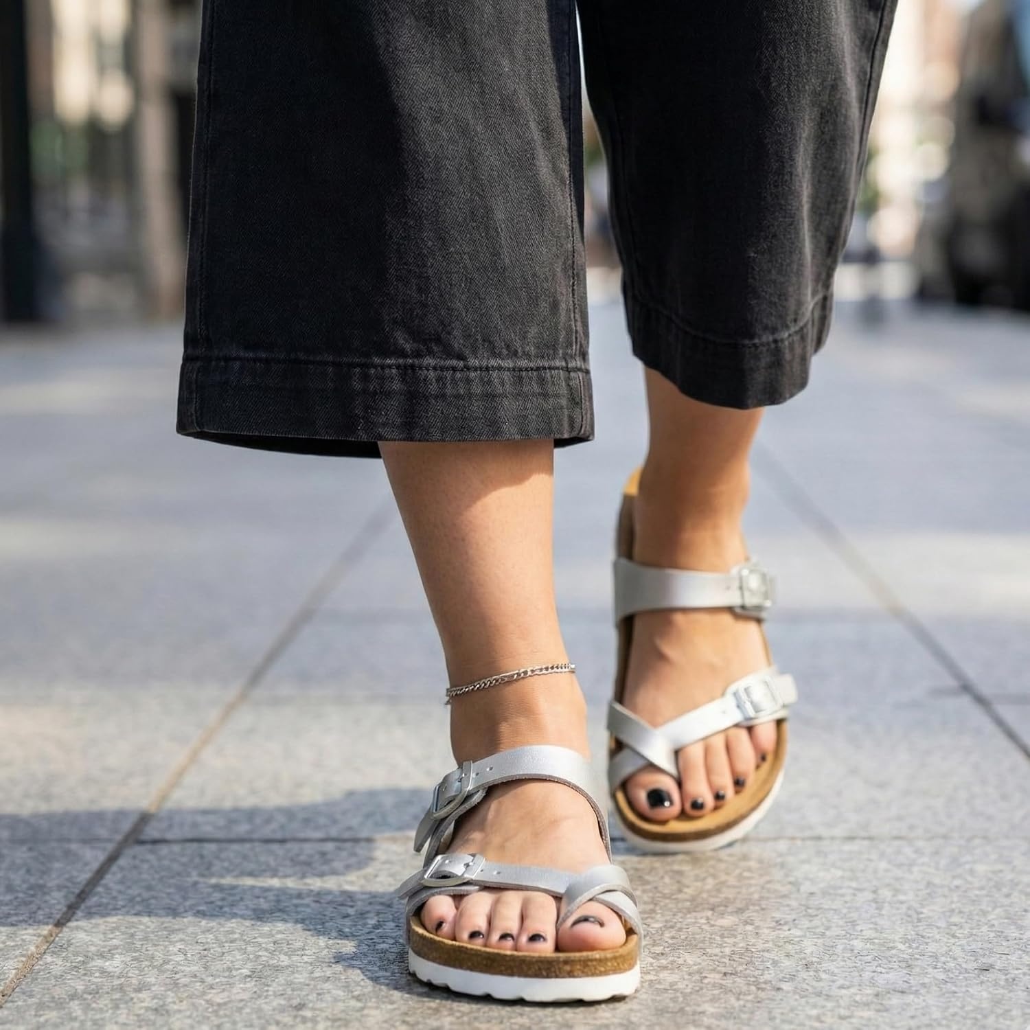 image:imageCUSHIONAIRE Luna Sandals for Women Cork Footbed Womens Sandals for Summer Comfort with Adjustable Straps Wide Width AvailableSilver
