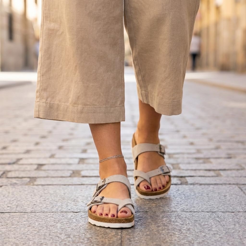 image:imageCUSHIONAIRE Luna Sandals for Women Cork Footbed Womens Sandals for Summer Comfort with Adjustable Straps Wide Width AvailableStone Vegan Suede