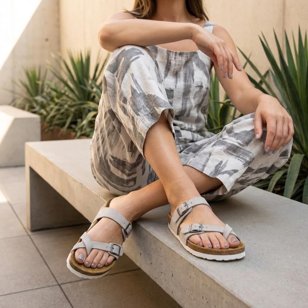 image:imageCUSHIONAIRE Luna Sandals for Women Cork Footbed Womens Sandals for Summer Comfort with Adjustable Straps Wide Width AvailableStone Vegan Suede