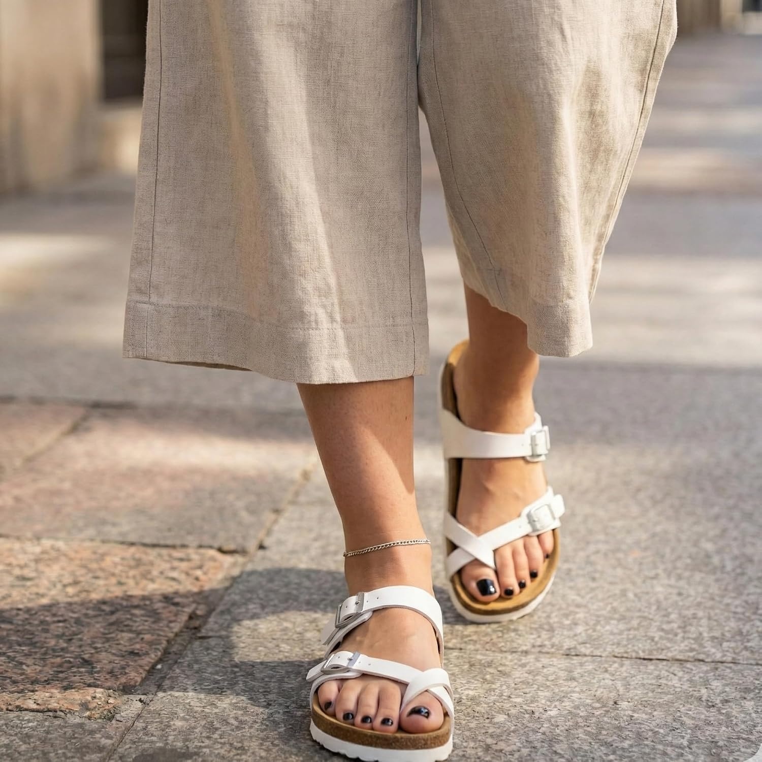 image:imageCUSHIONAIRE Luna Sandals for Women Cork Footbed Womens Sandals for Summer Comfort with Adjustable Straps Wide Width AvailableWhite
