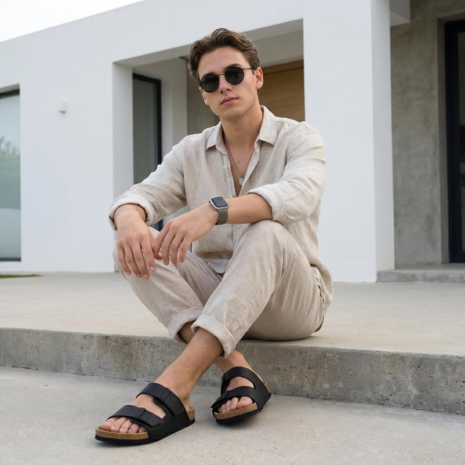 image:imageCUSHIONAIRE Mens Lynx Cork footbed Sandal with ComfortBlack Nubuck