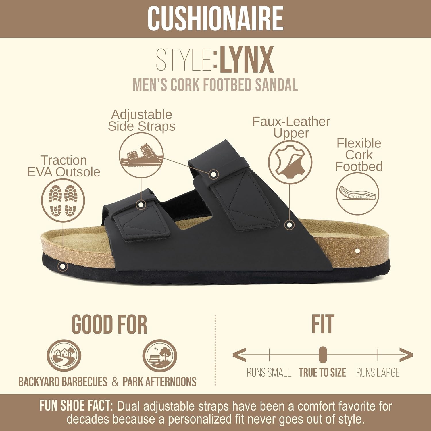 image:imageCUSHIONAIRE Mens Lynx Cork footbed Sandal with ComfortBlack Nubuck