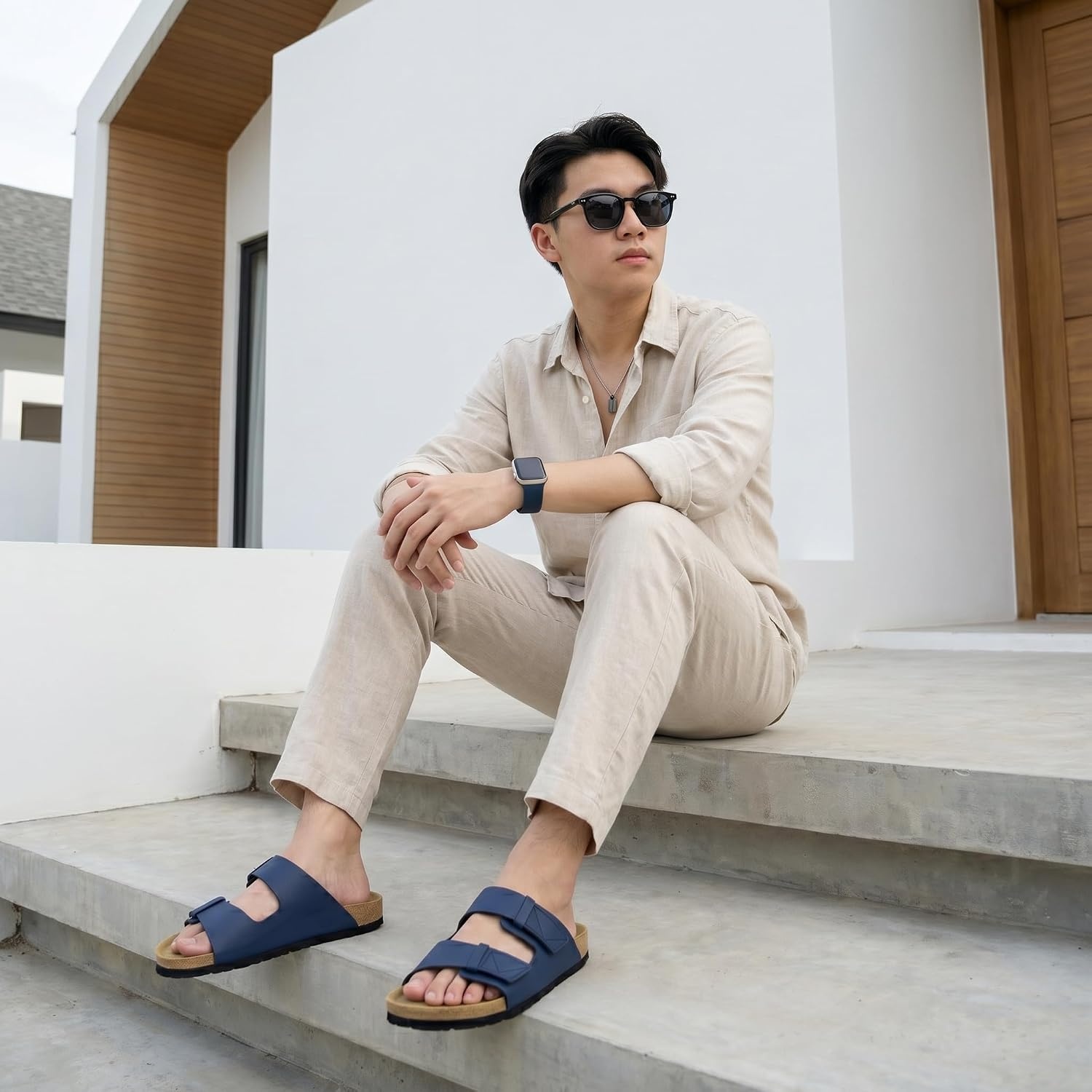 image:imageCUSHIONAIRE Mens Lynx Cork footbed Sandal with ComfortNavy Nubuck
