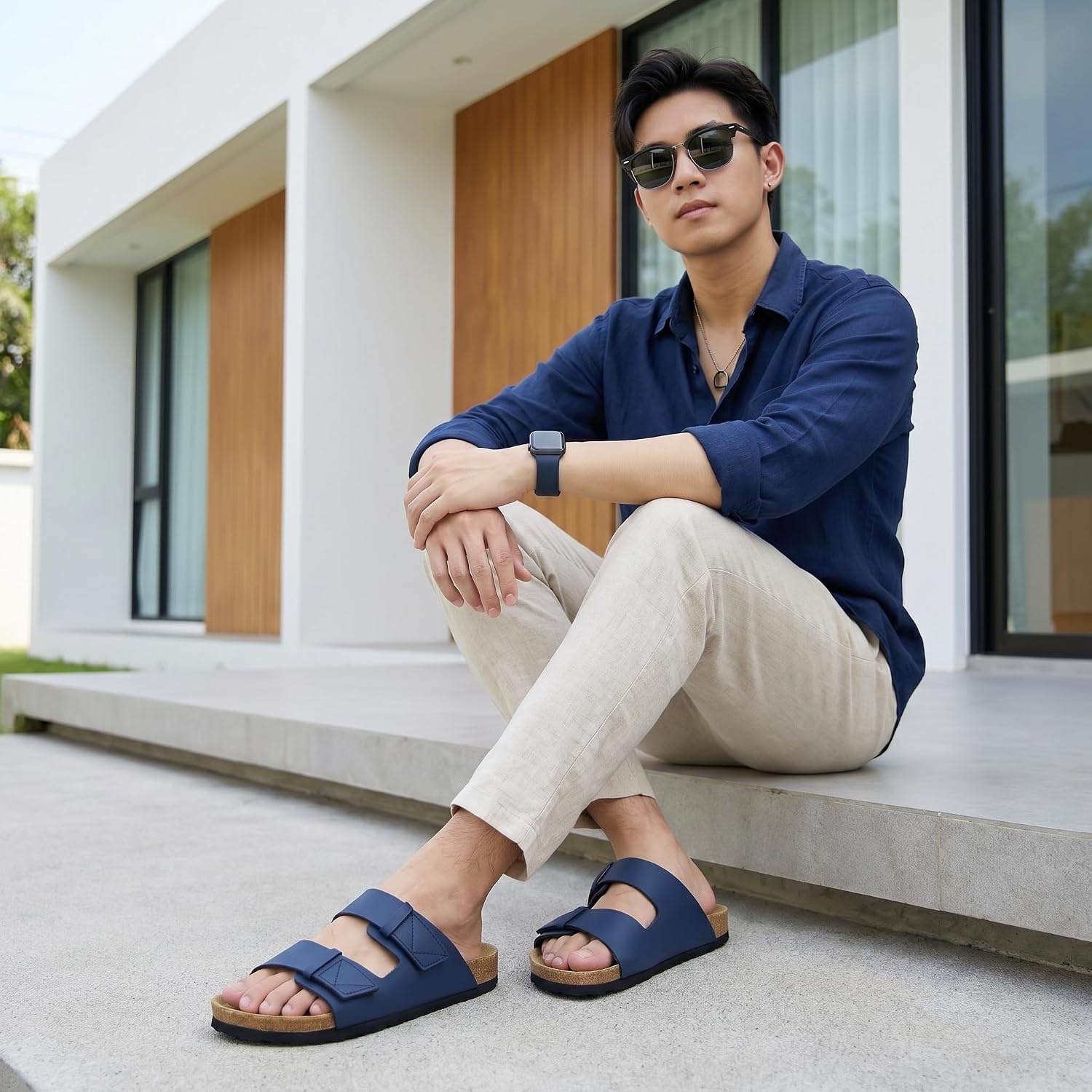 image:imageCUSHIONAIRE Mens Lynx Cork footbed Sandal with ComfortNavy Nubuck