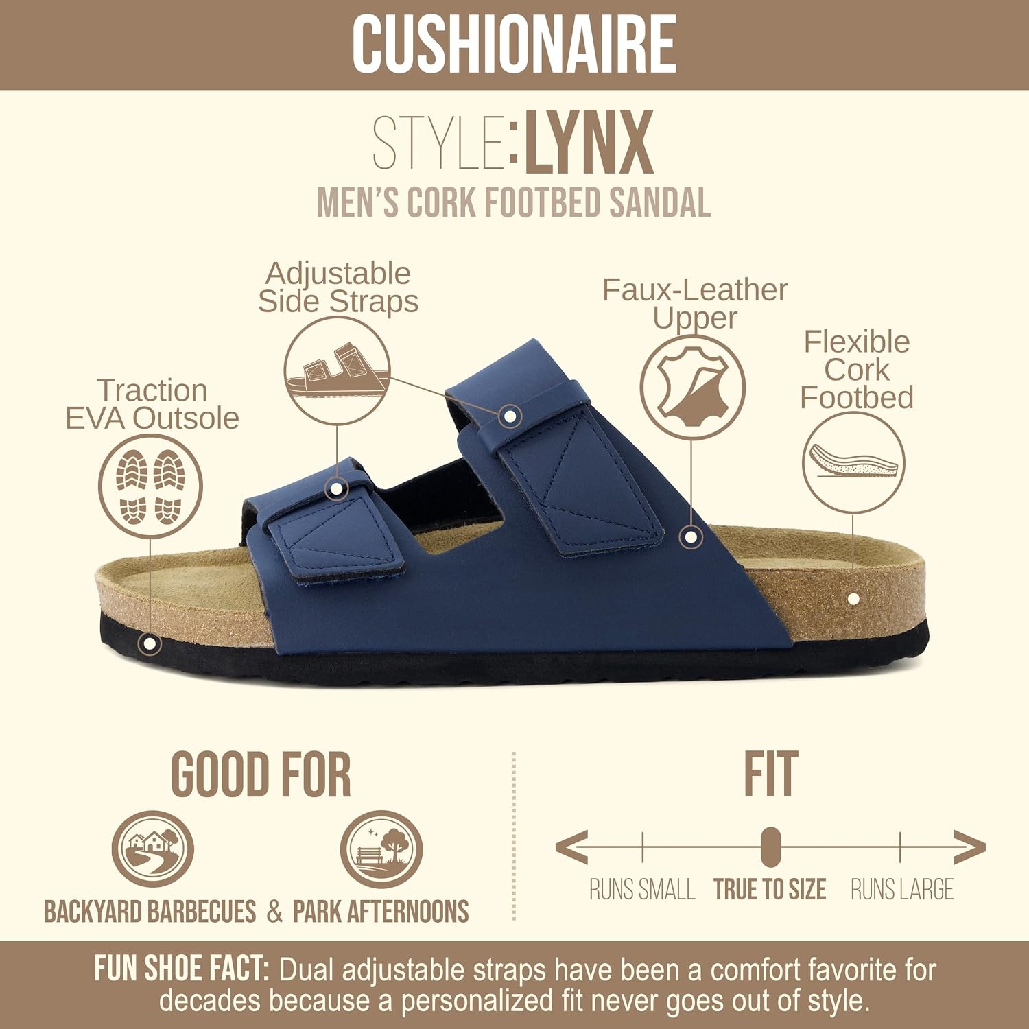 image:imageCUSHIONAIRE Mens Lynx Cork footbed Sandal with ComfortNavy Nubuck
