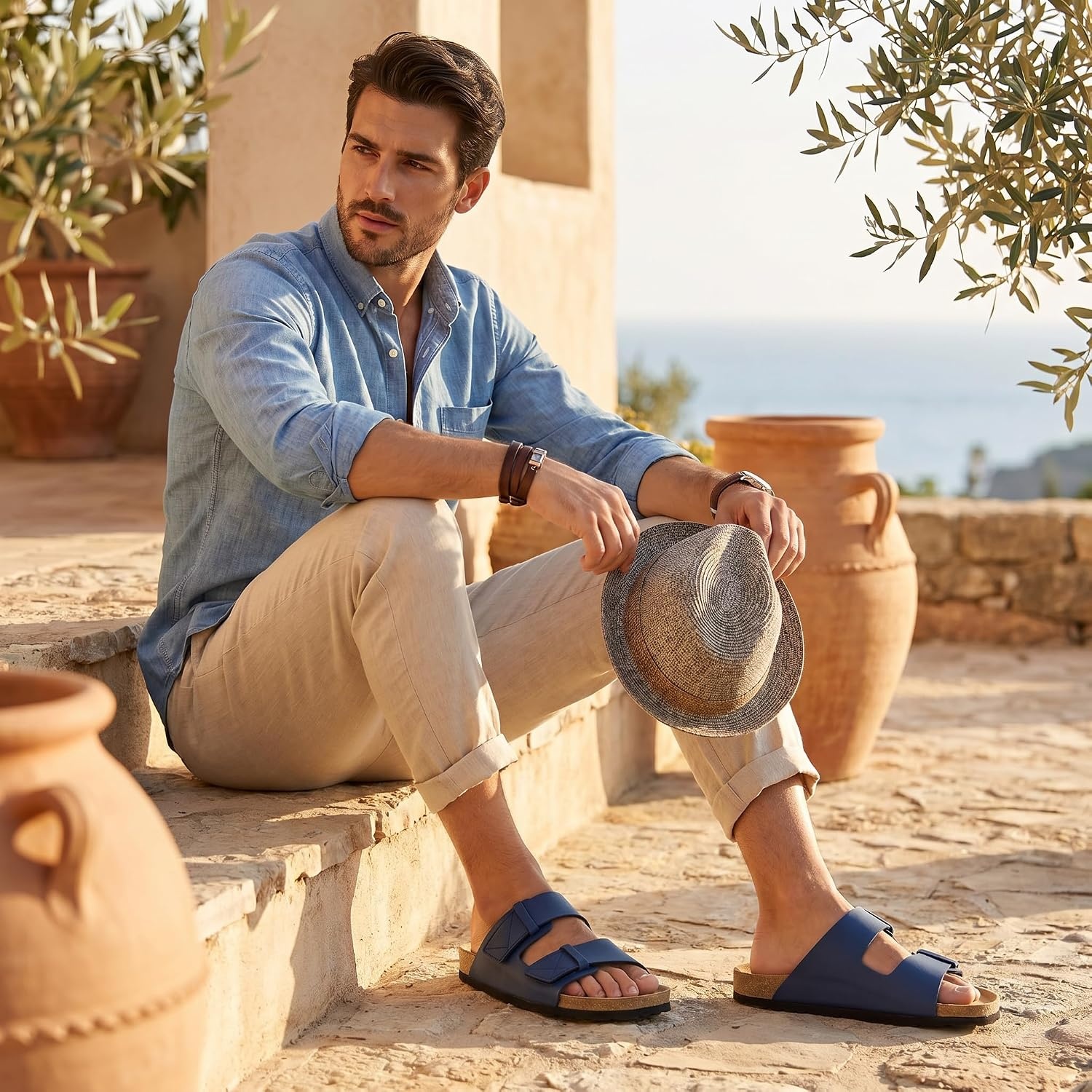 image:imageCUSHIONAIRE Mens Lynx Cork footbed Sandal with ComfortNavy Nubuck