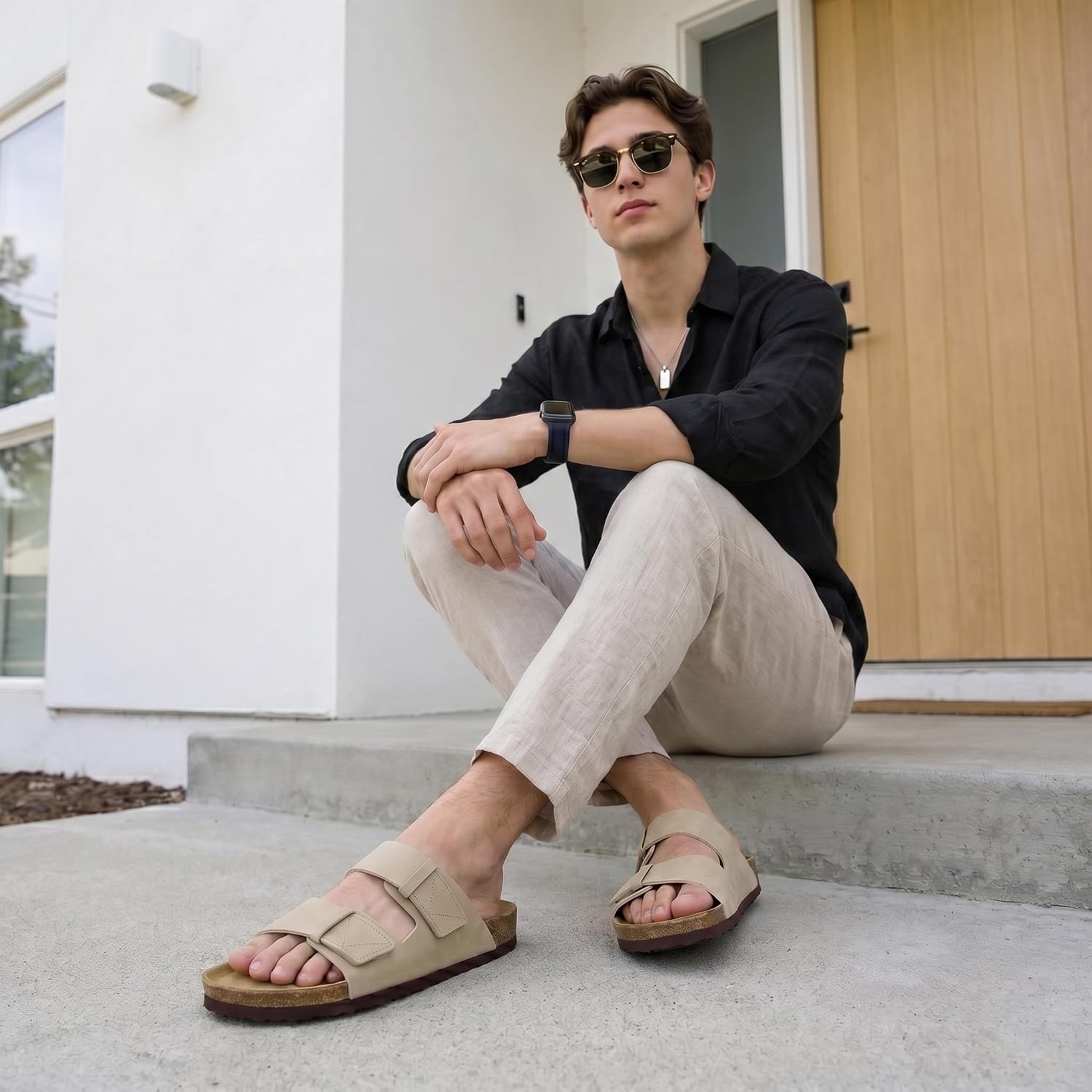 image:imageCUSHIONAIRE Mens Lynx Cork footbed Sandal with ComfortStone Nubuck