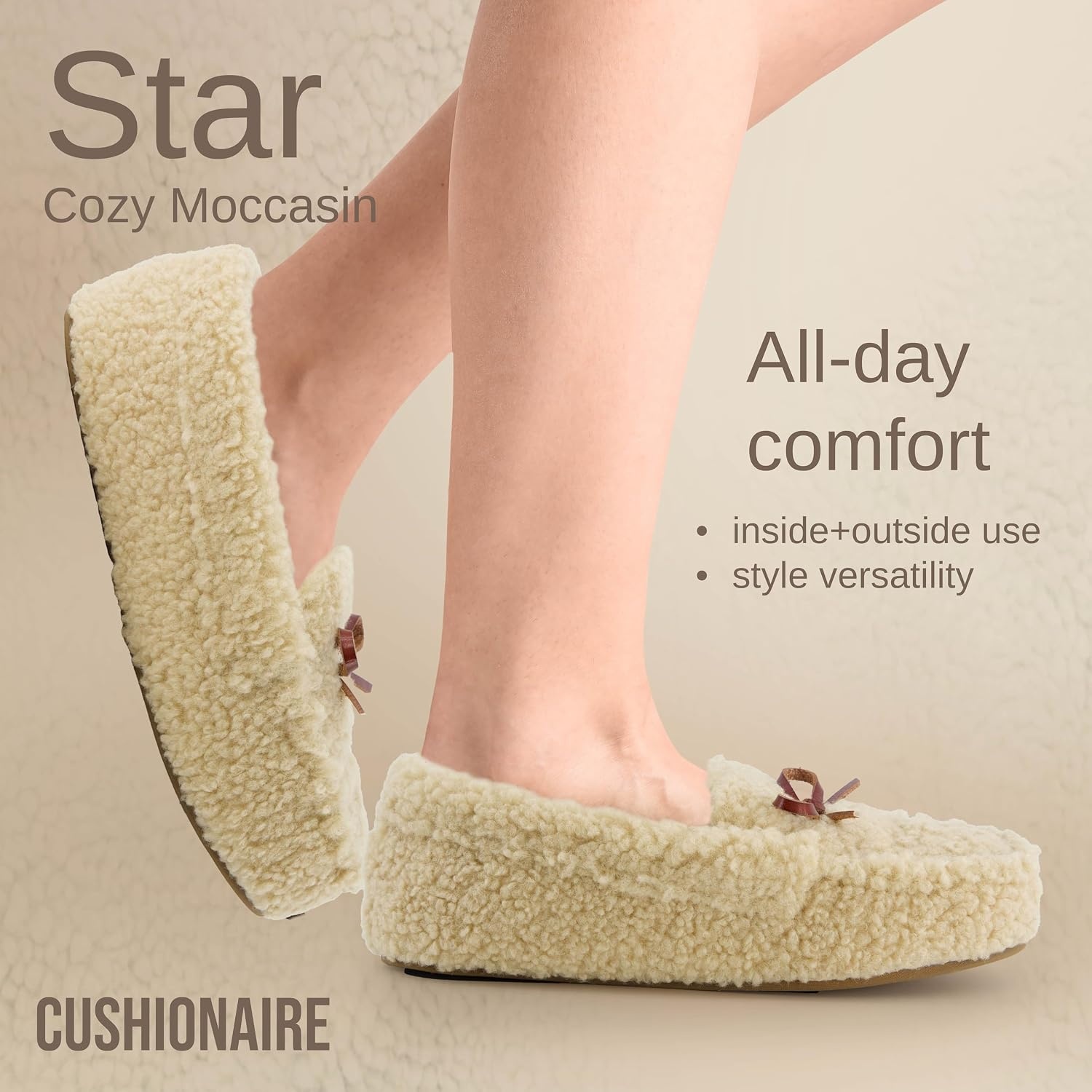 image:imageCUSHIONAIRE Star Womens Faux Sherpa Moccasin Slippers Cozy IndoorOutdoor SlipOn with Memory Foam amp Durable Rubber Sole Wide Widths AvailableBeige