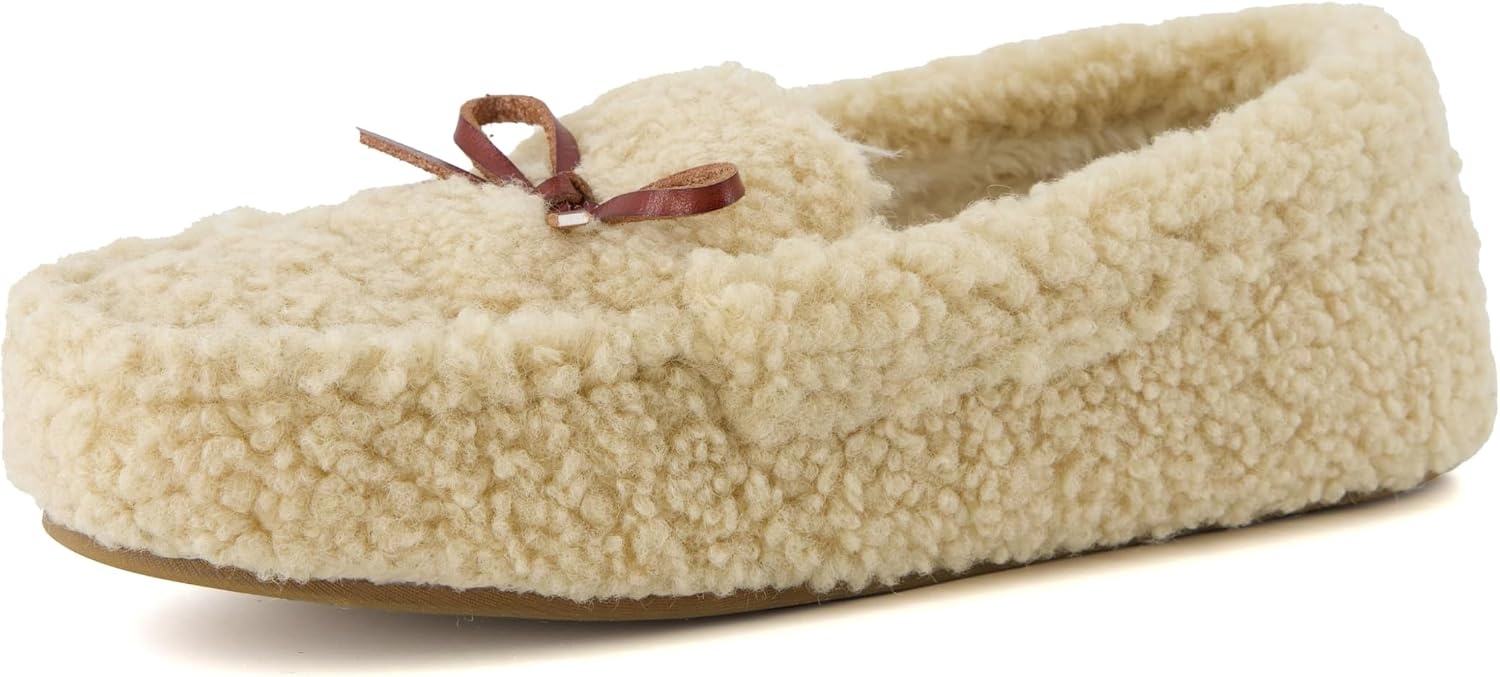 image:imageCUSHIONAIRE Star Womens Faux Sherpa Moccasin Slippers Cozy IndoorOutdoor SlipOn with Memory Foam amp Durable Rubber Sole Wide Widths AvailableBeige