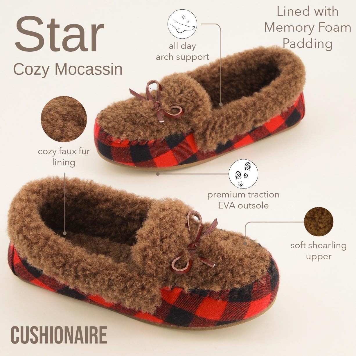 image:imageCUSHIONAIRE Stella Womens Moccasin Slippers Faux Fur Lining Memory Foam amp Wide Widths AvailableBrown