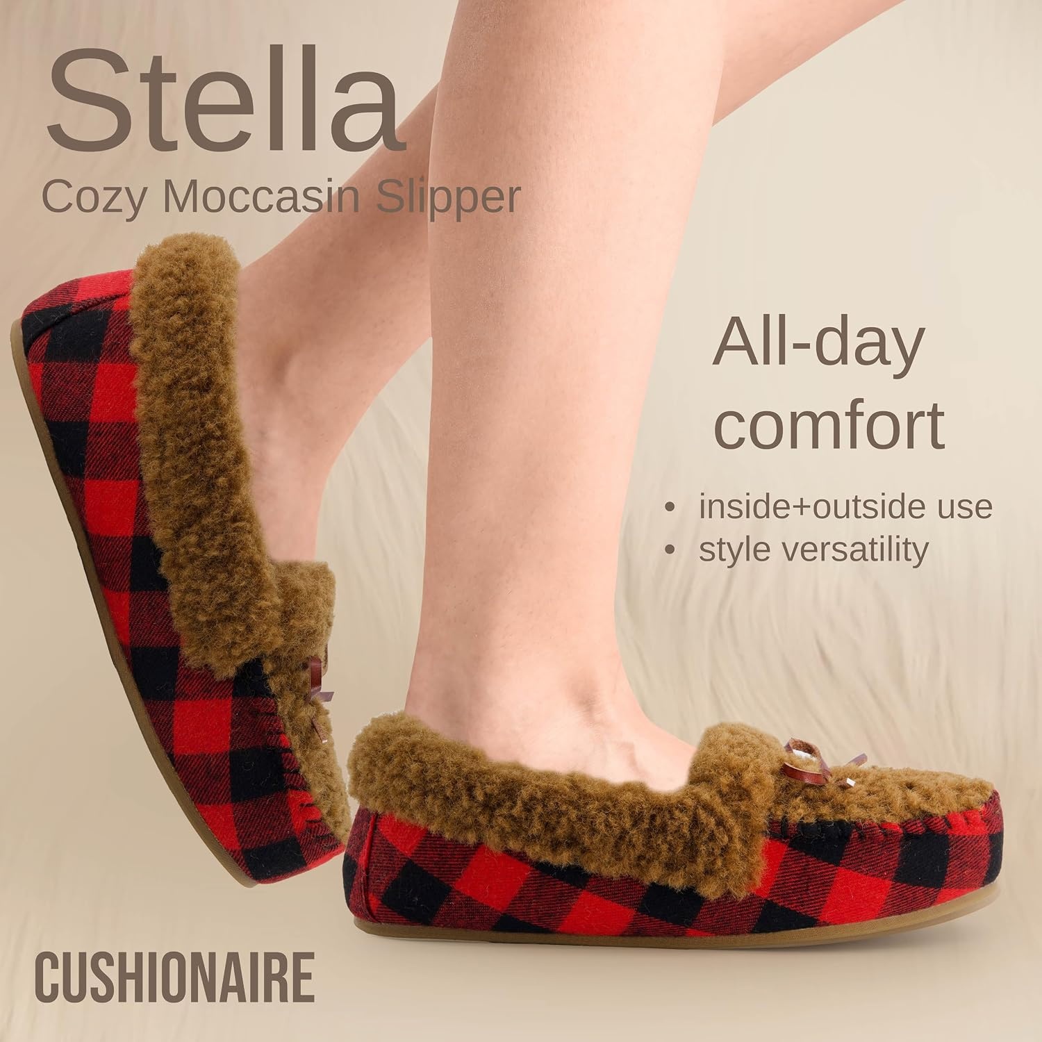 image:imageCUSHIONAIRE Stella Womens Moccasin Slippers Faux Fur Lining Memory Foam amp Wide Widths AvailableBrown