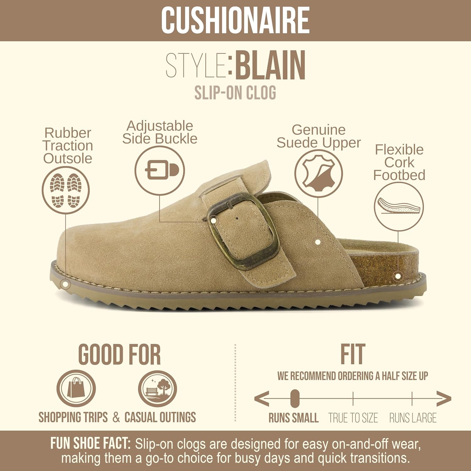 image:imageCUSHIONAIRE Womens Blain Genuine Suede SlipOn Clogs with Memory Foam amp Chic Buckle Mule Comfortable NonSlip Wide Widths AvailableBiscuit Suede