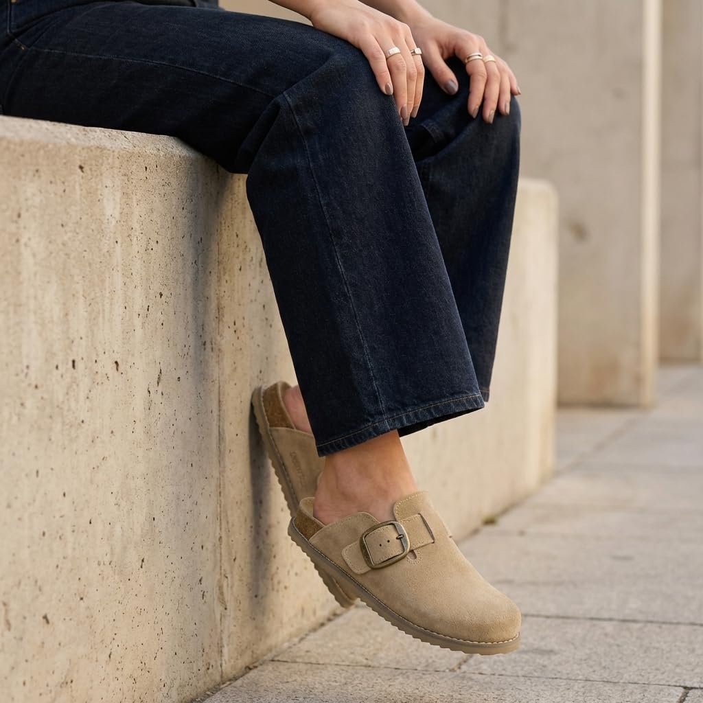 image:imageCUSHIONAIRE Womens Blain Genuine Suede SlipOn Clogs with Memory Foam amp Chic Buckle Mule Comfortable NonSlip Wide Widths AvailableBiscuit Suede