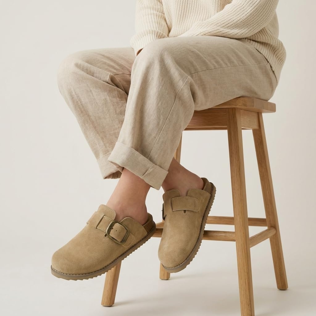 image:imageCUSHIONAIRE Womens Blain Genuine Suede SlipOn Clogs with Memory Foam amp Chic Buckle Mule Comfortable NonSlip Wide Widths AvailableBiscuit Suede