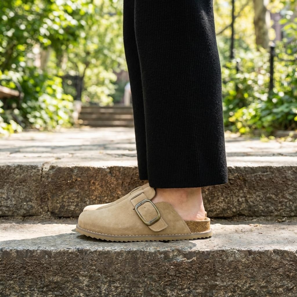 image:imageCUSHIONAIRE Womens Blain Genuine Suede SlipOn Clogs with Memory Foam amp Chic Buckle Mule Comfortable NonSlip Wide Widths AvailableBiscuit Suede