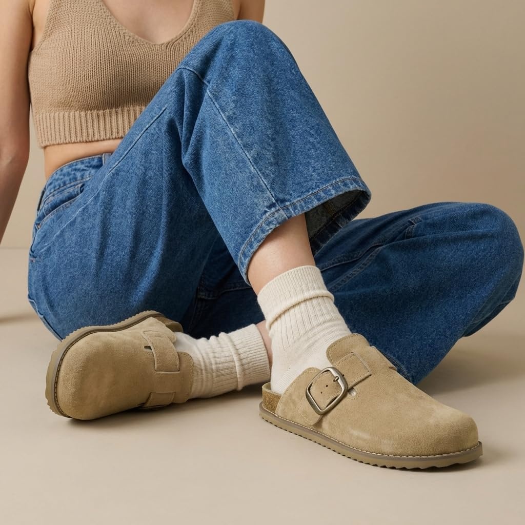 image:imageCUSHIONAIRE Womens Blain Genuine Suede SlipOn Clogs with Memory Foam amp Chic Buckle Mule Comfortable NonSlip Wide Widths AvailableBiscuit Suede