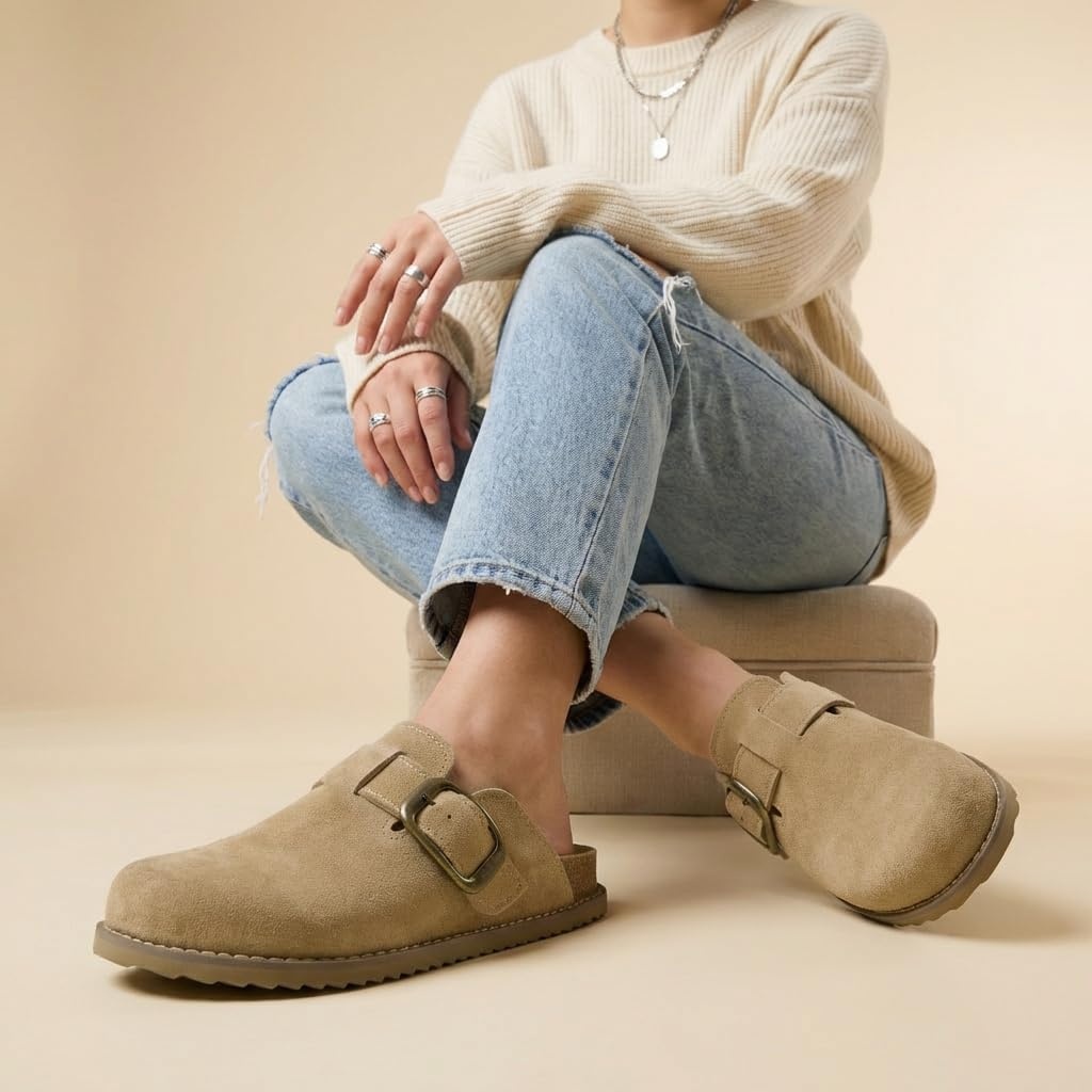 image:imageCUSHIONAIRE Womens Blain Genuine Suede SlipOn Clogs with Memory Foam amp Chic Buckle Mule Comfortable NonSlip Wide Widths AvailableBiscuit Suede
